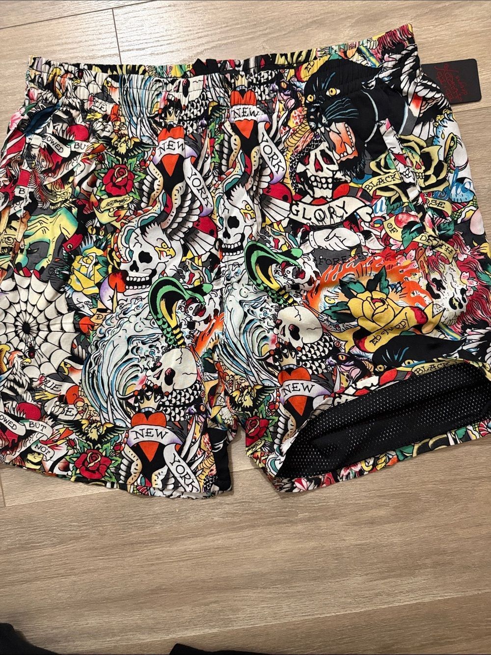 Ed Hardy Black Shorts with Multicolor Tattoo Print